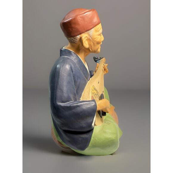 Vtg Hakata Urasaki Dolls Japan Clay Figurine Man Playing Biwa Lute 8" Handpaint - Picture 4 of 8